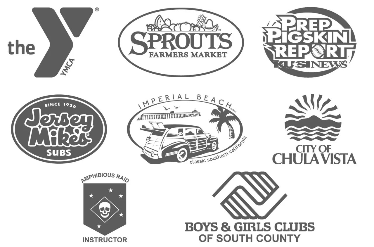 Client logos: the YMCA, Sprouts Farmers Market, Prep Pigskin Report KUSI News, Jersey Mike's Subs, Imperial Beach, City of Chula Vista, Boys and Girls Clubs of South County