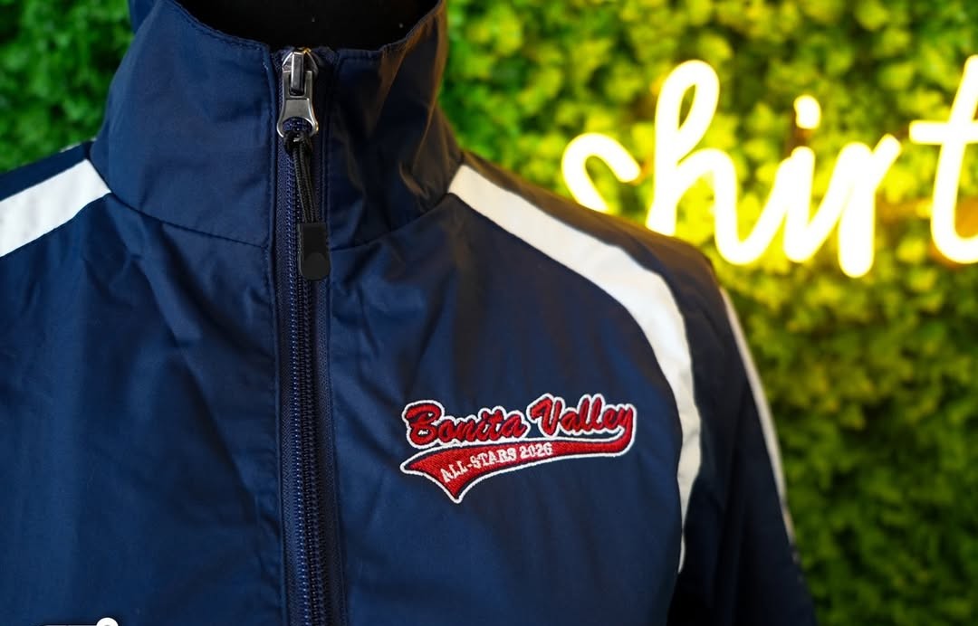 Navy team jacket with red embroidered Bonita Valley script