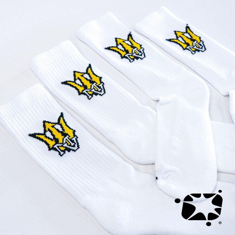White crew socks with knit gold crown logo