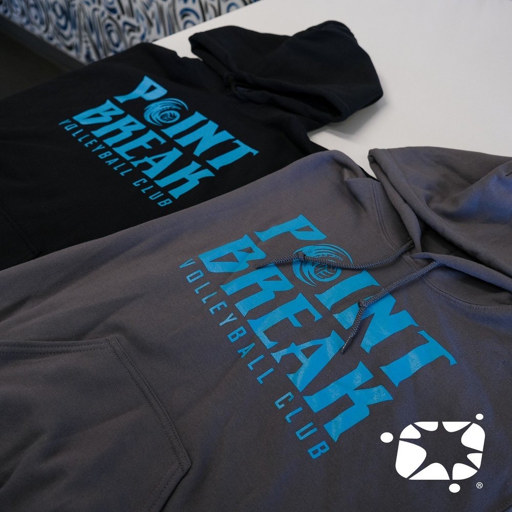 Black and gray volleyball club hoodies with bright blue print