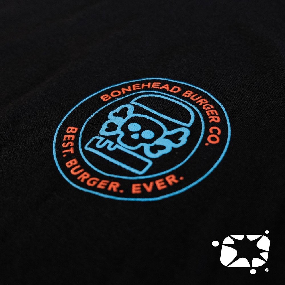Black tee with blue and orange Bonehead Burger Co. print