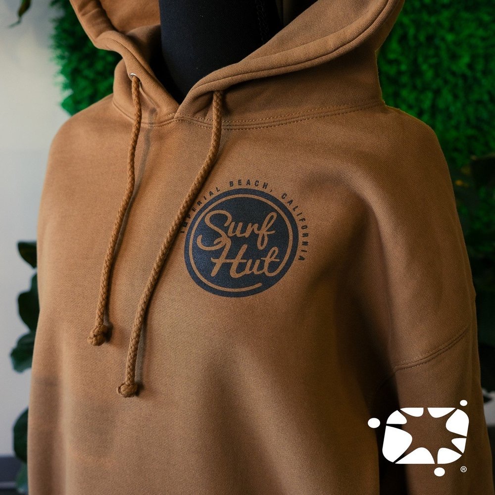 Brown hoodie with black Surf Hut Imperial Beach print